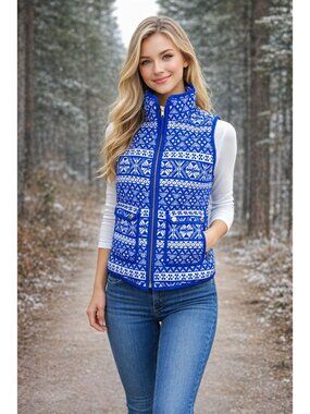 J Crew Puffy Winter Vest Womens PXS Blue White Pockets Fair Isle Excursion Oute
